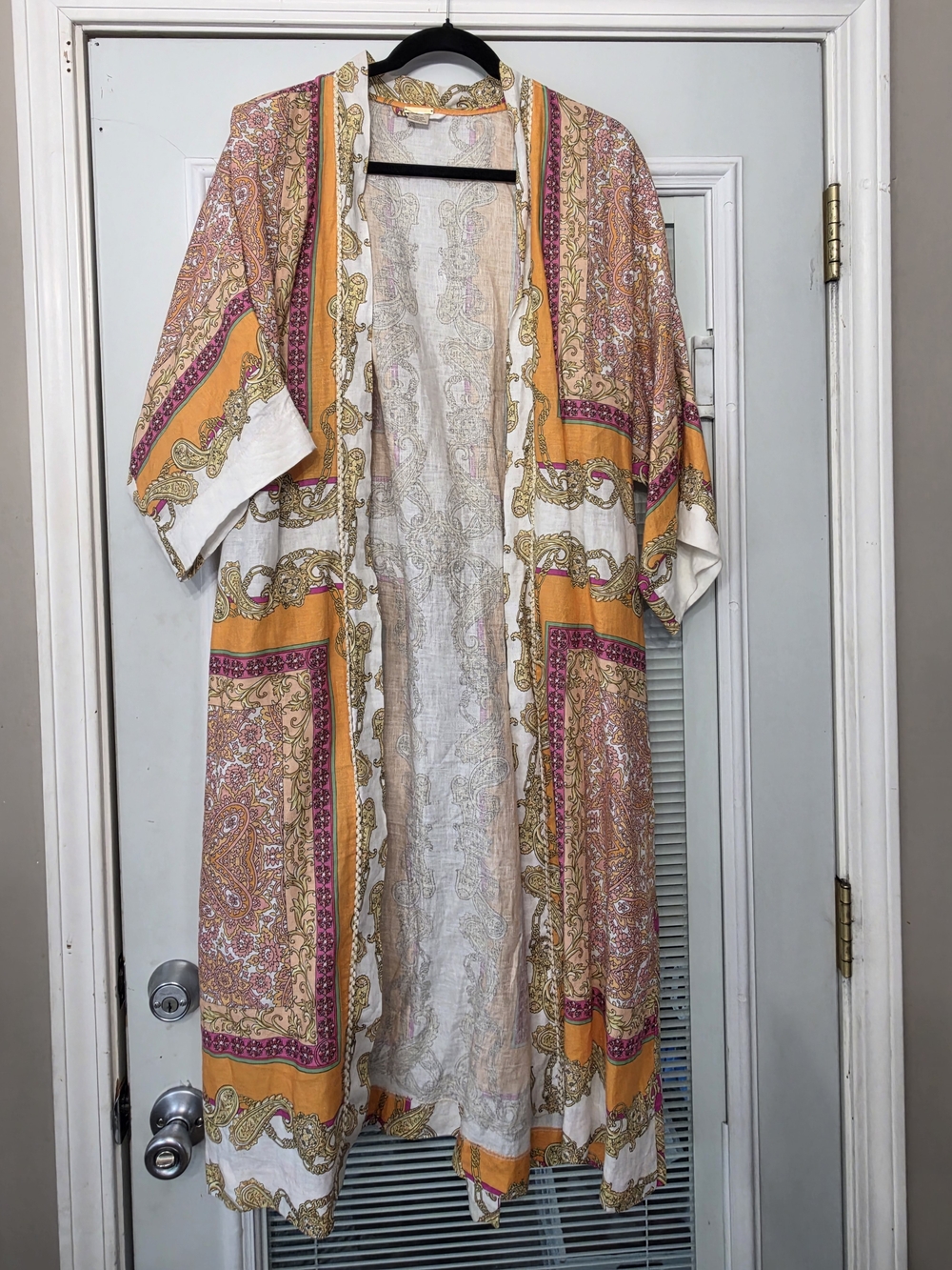 Boho Paisley Open-Front Kimono Jacket in Mustard & Pink